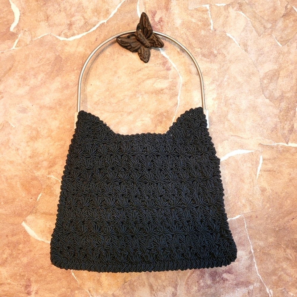 Vintage La Rue Black Crocheted Purse with Silver Handle